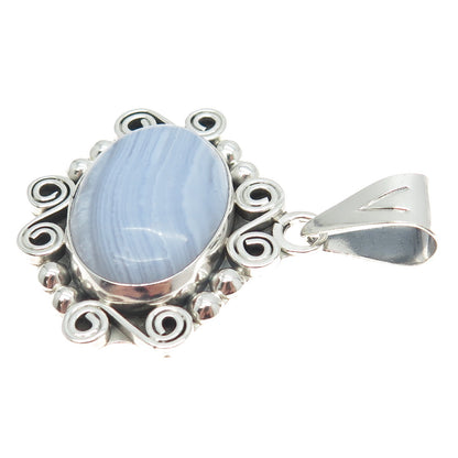 925 Sterling Silver Vintage CII Mexico Real Blue Lace Agate Spiral Pendant