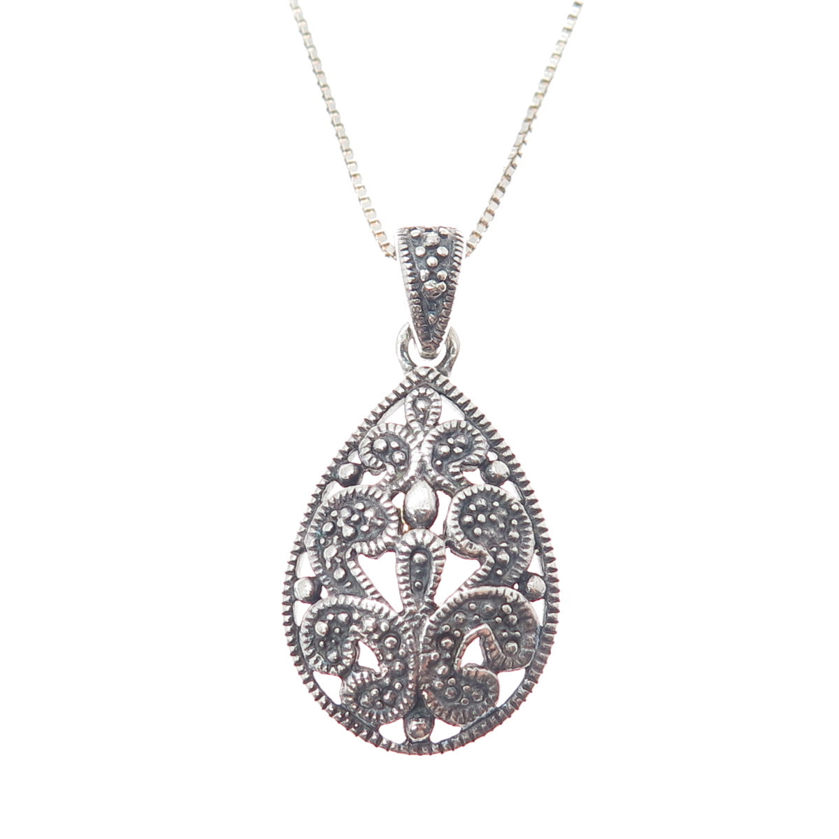 CFJ Collins Fine Sterling Silver Vintage Ornate Oxidized Box Chain Necklace 18"