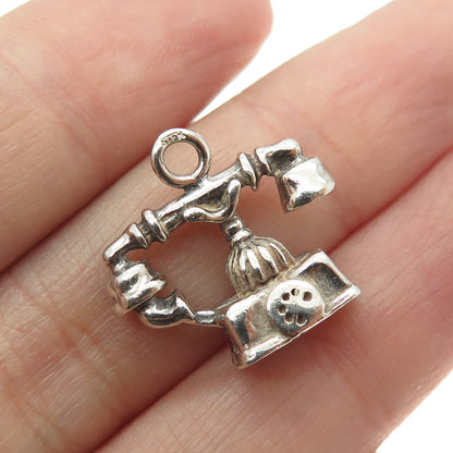 925 Sterling Silver Vintage Rotary Telephone Minimalist 3D Charm Pendant