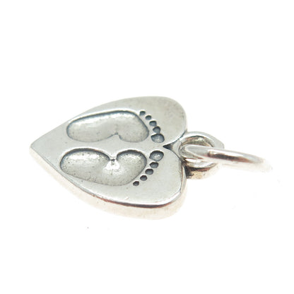 SUNDANCER 925 Sterling Silver Vintage Footprints Heart Minimalist Charm Pendant
