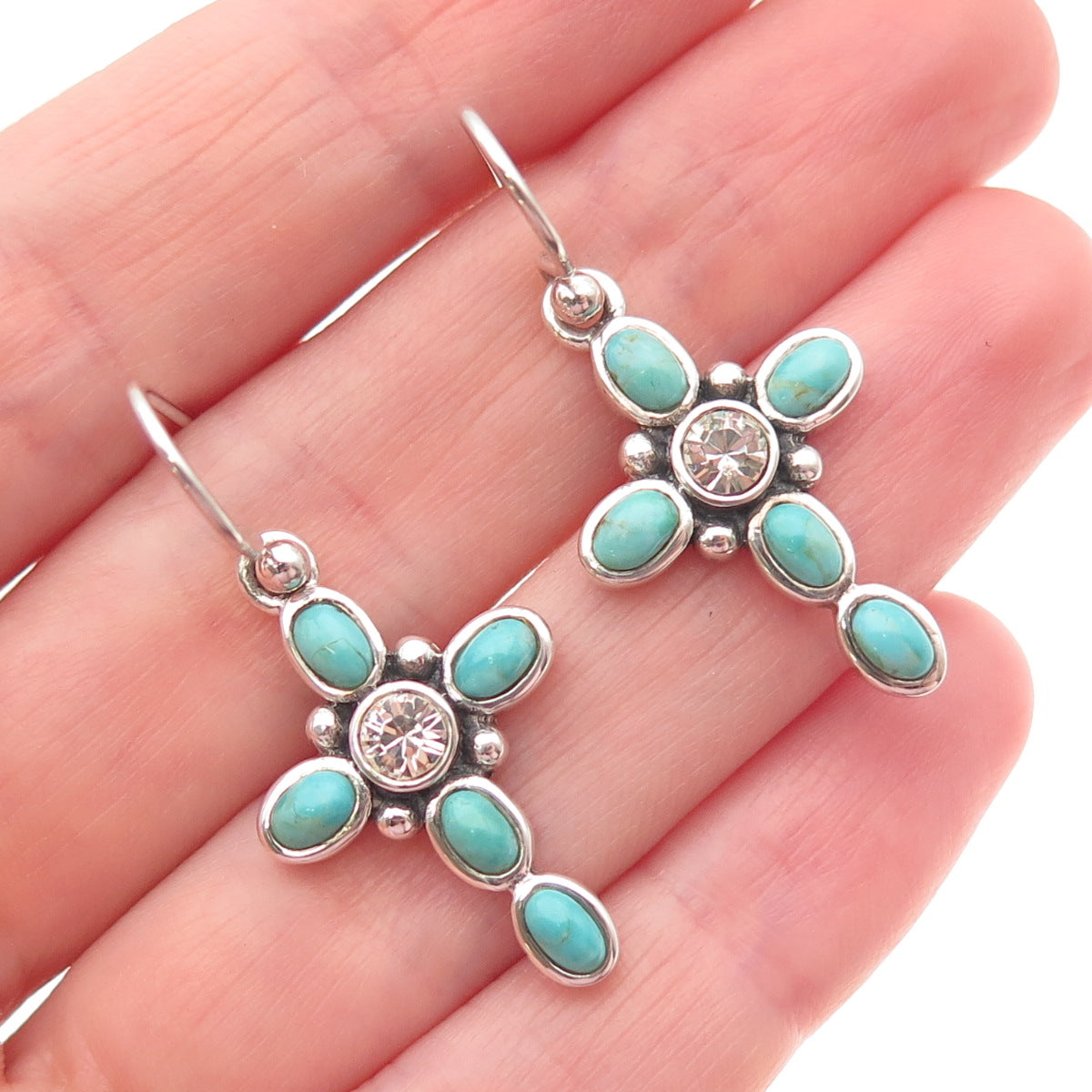 BARSE Sterling Silver Vintage Rhinestone Real Turquoise Cross Dangle Earrings