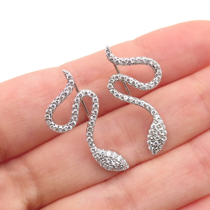 925 Sterling Silver Round-Cut C Z Snake Dangle Earrings