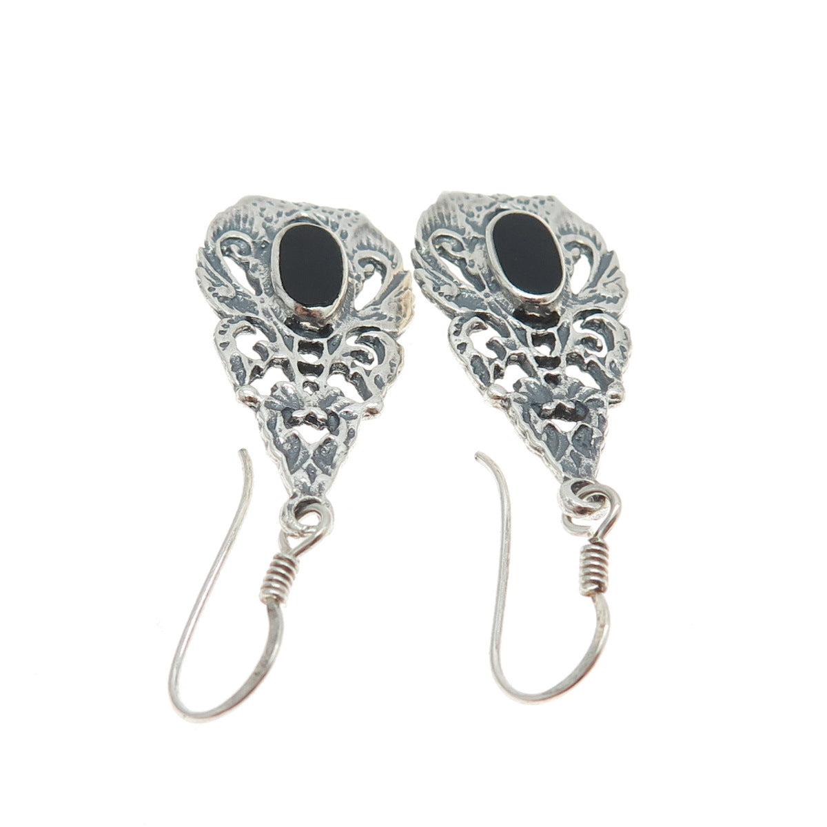 925 Sterling Silver Vintage Real Black Onyx Dangling Earrings