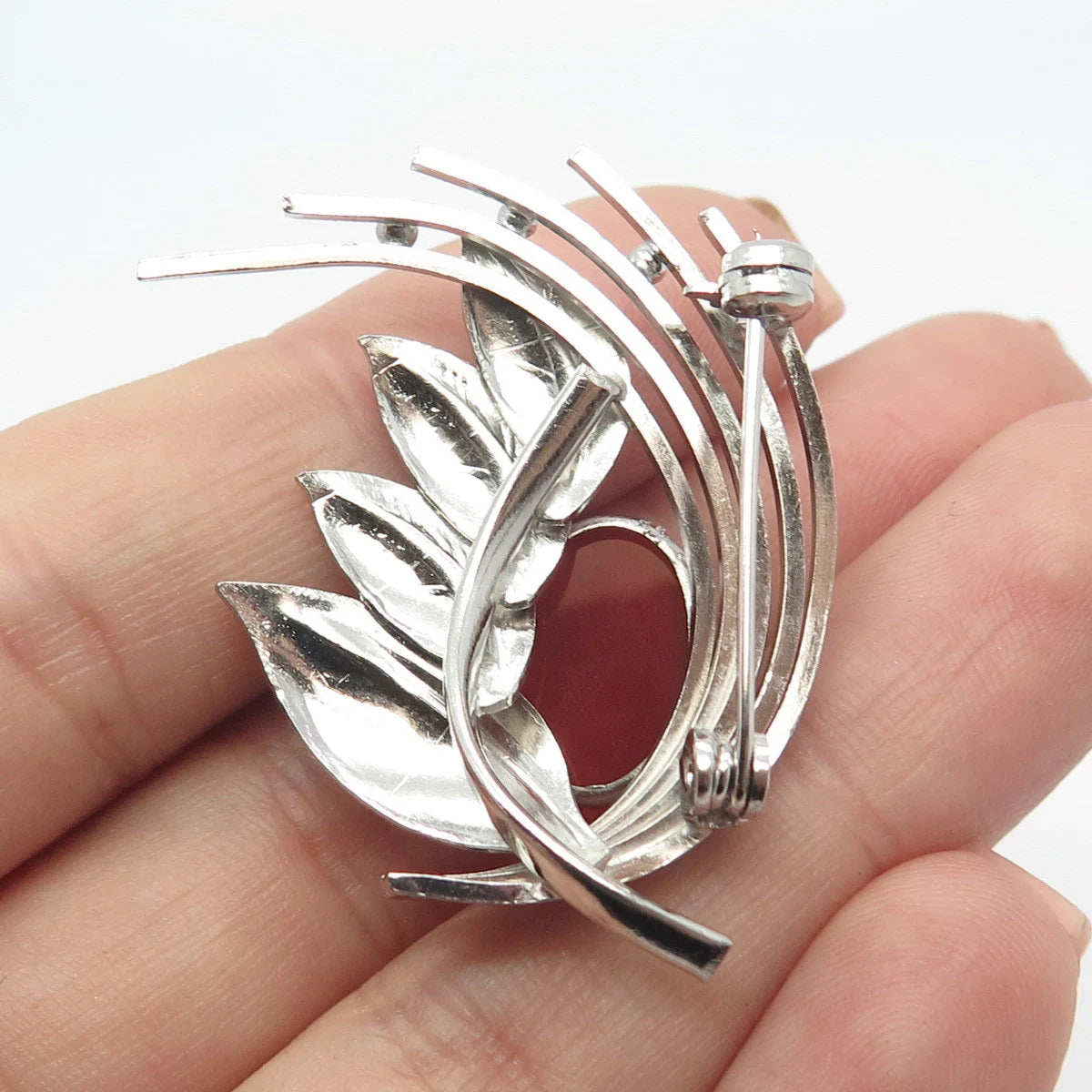 Silver-Tone Antique Real Carnelian Gemstone Leaf Pin Brooch