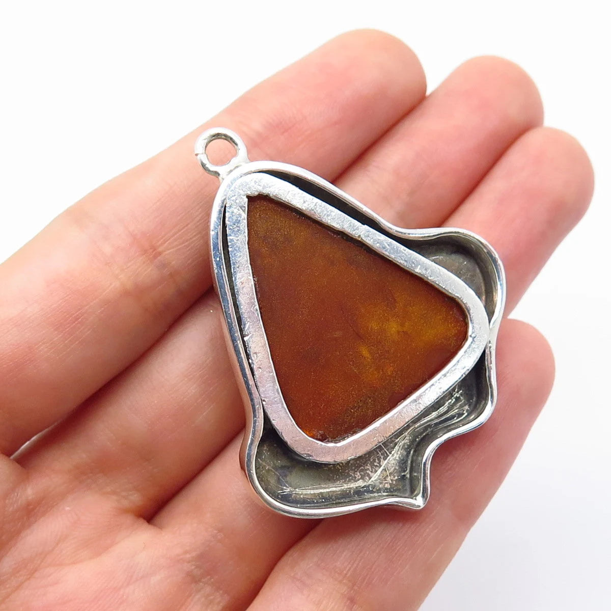 925 Sterling Silver Vintage Real Amber Modernist Pendant