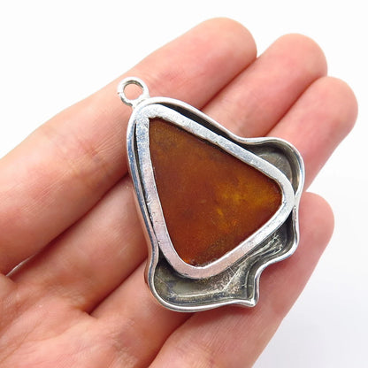 925 Sterling Silver Vintage Real Amber Modernist Pendant