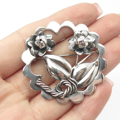 925 Sterling Silver Vintage Hand Made Floral Leaf Pin Brooch