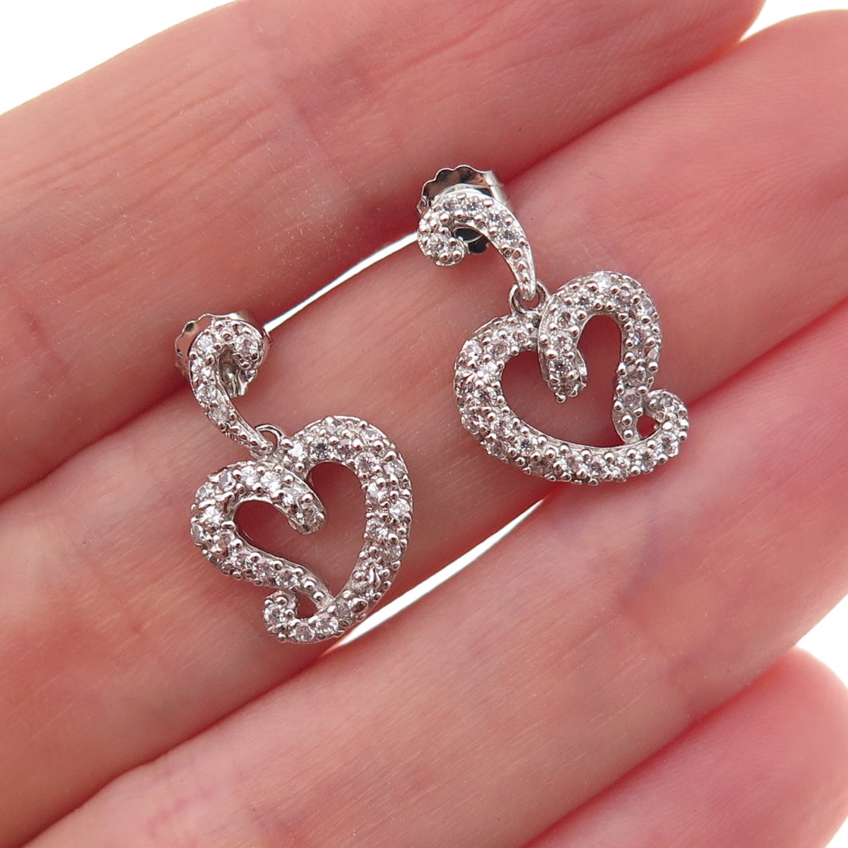 925 Sterling Silver Round-Cut C Z Heart Dangle Earrings