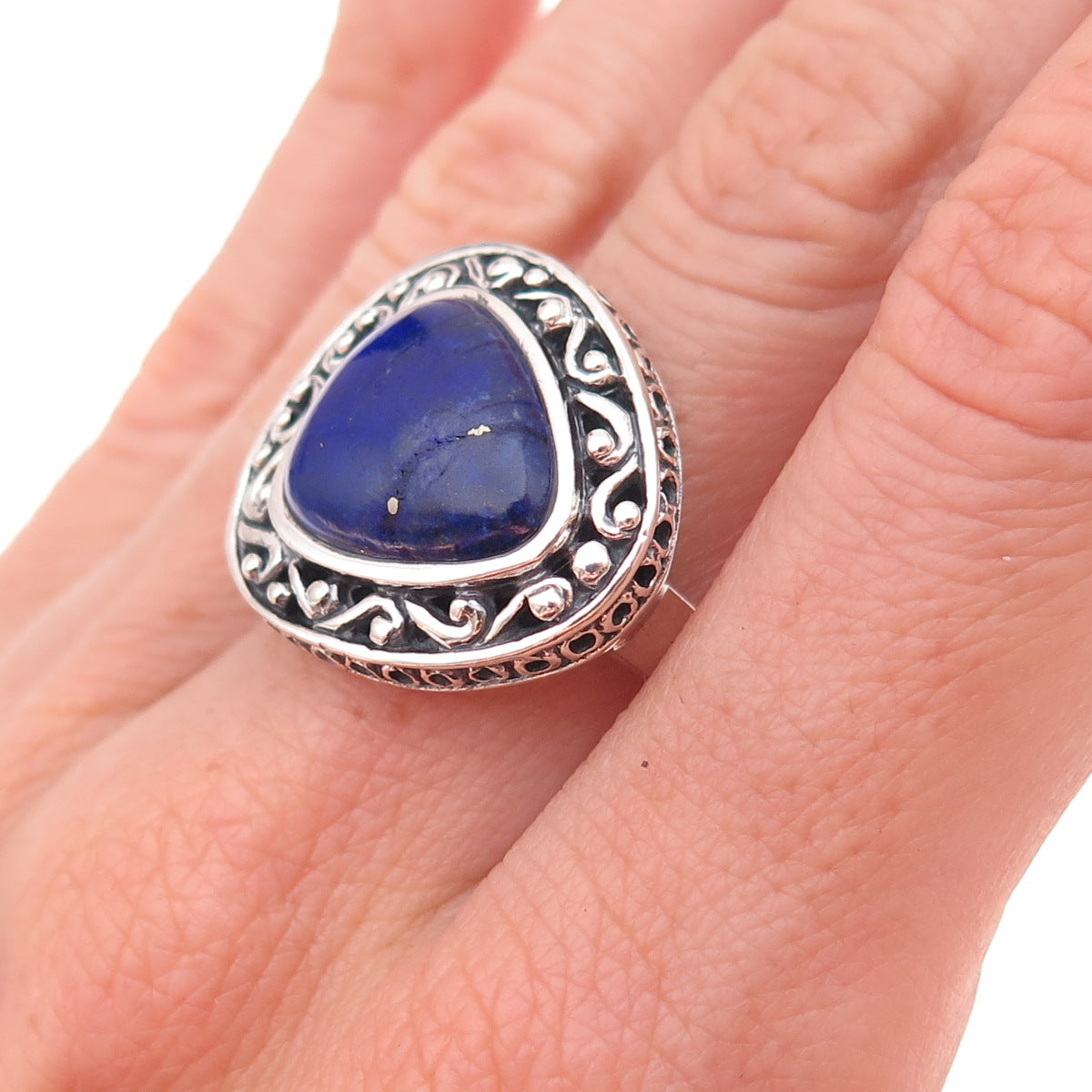 925 Sterling Silver Vintage Real Lapis Modernist Scroll Oxidized Ring Size 7