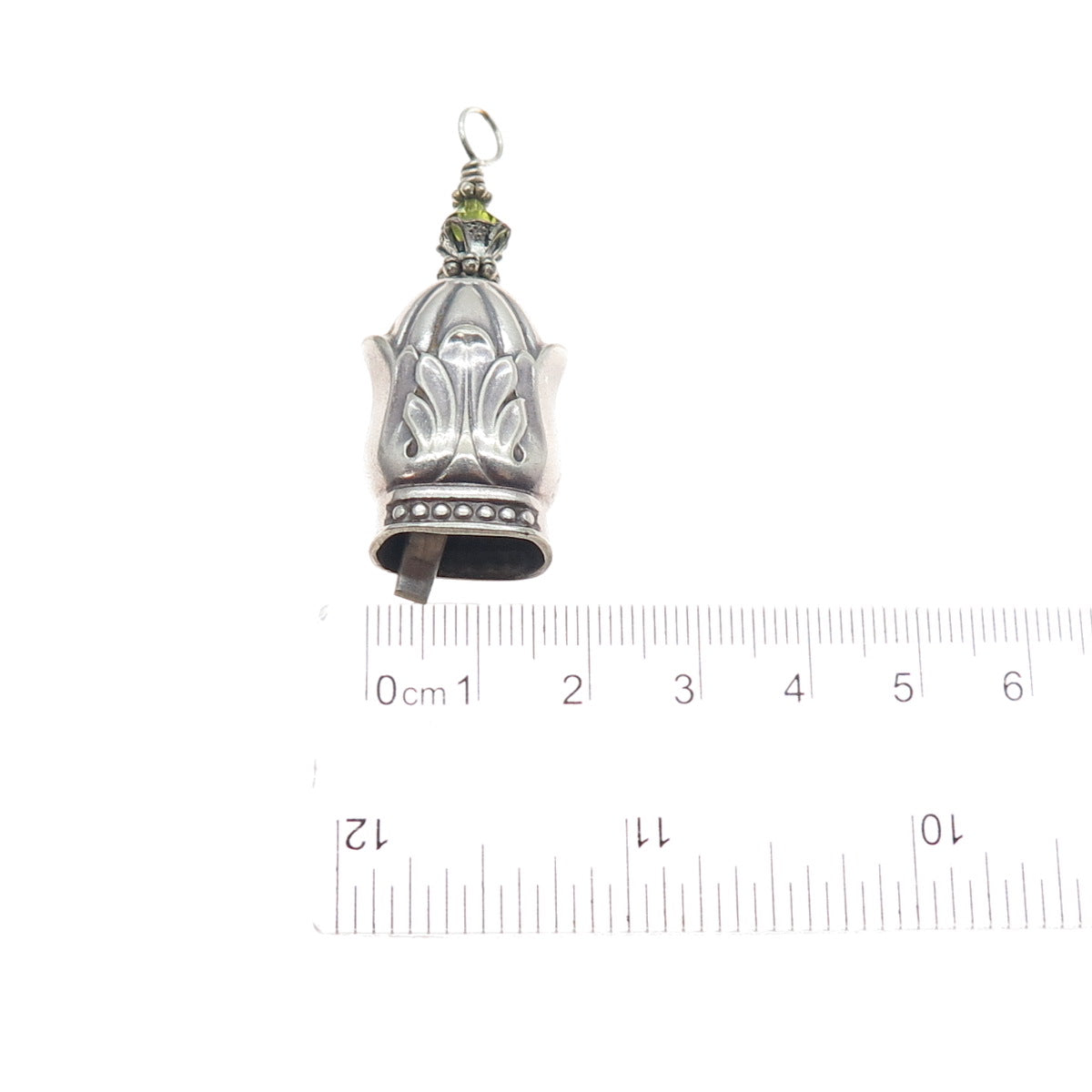 925 Sterling Silver Vintage Green Crystal Floral Bell Oxidized Charm Pendant