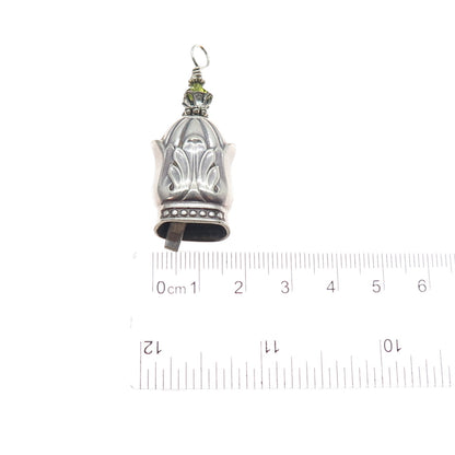 925 Sterling Silver Vintage Green Crystal Floral Bell Oxidized Charm Pendant