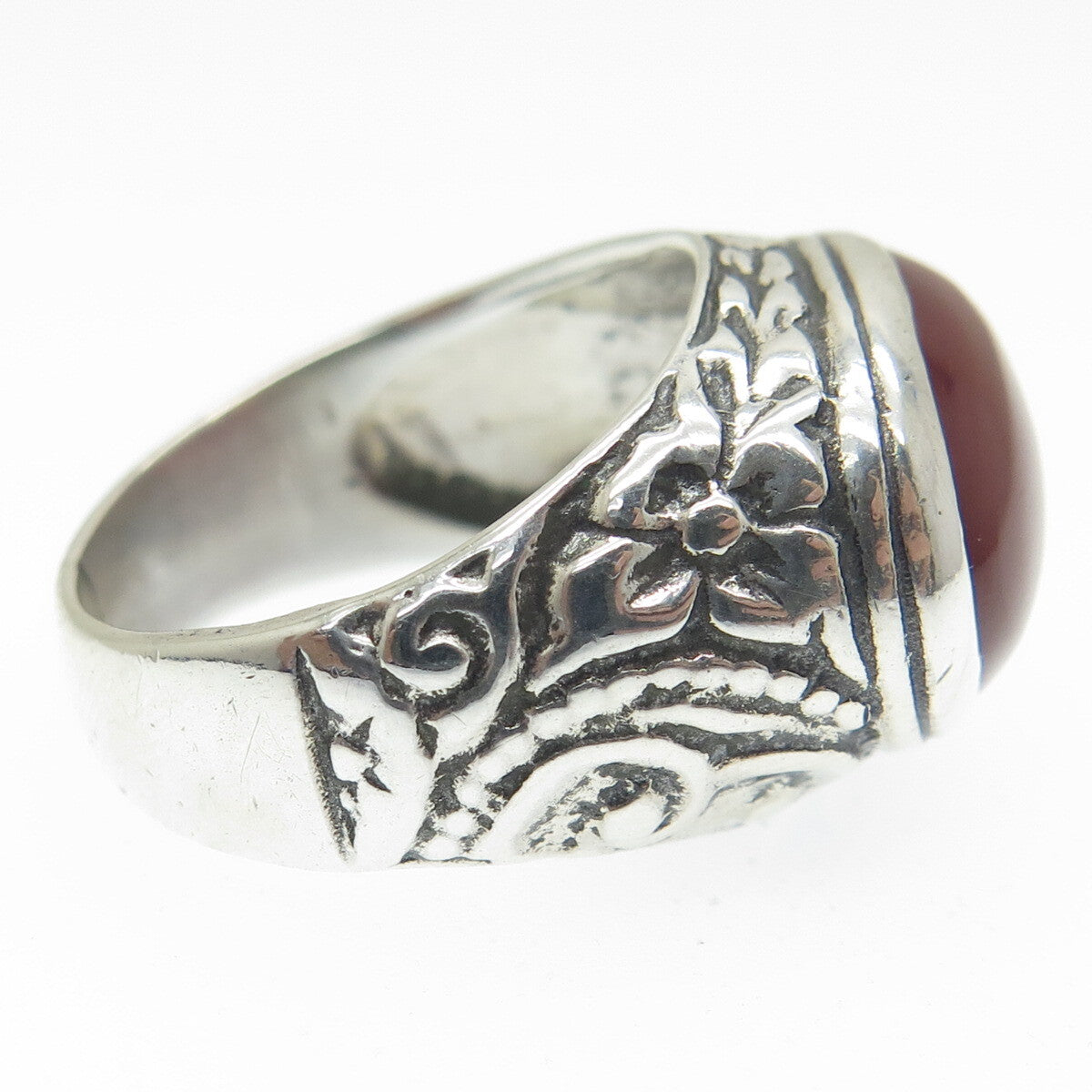925 Sterling Silver Vintage Real Carnelian Flower Oxidized Ring Size 7