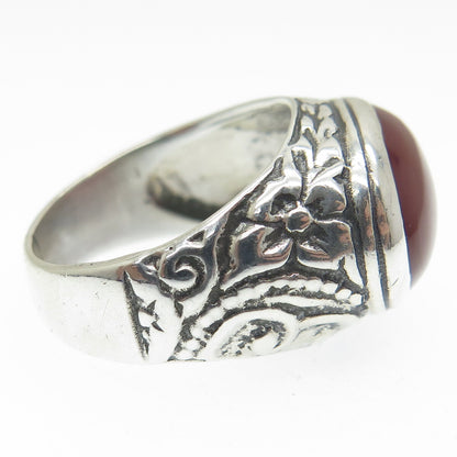 925 Sterling Silver Vintage Real Carnelian Flower Oxidized Ring Size 7