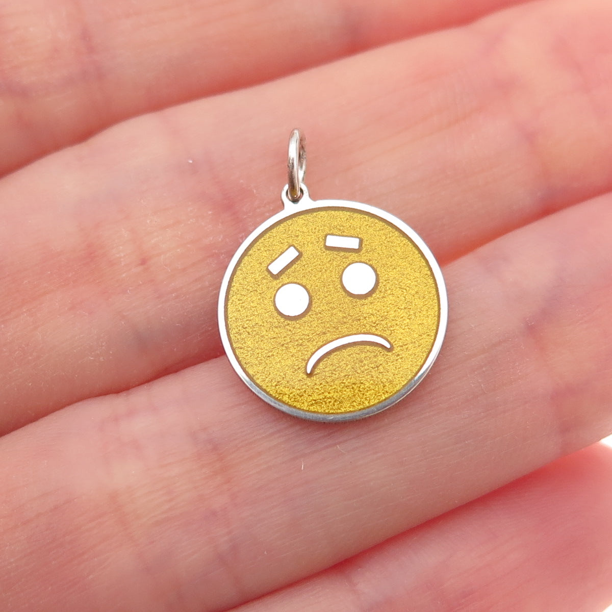 925 Sterling Silver Yellow Enamel Sad Face Emoji Charm Pendant