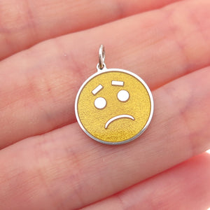 925 Sterling Silver Yellow Enamel Sad Face Emoji Charm Pendant