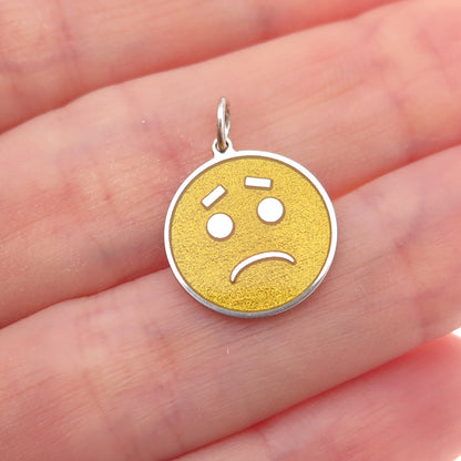 925 Sterling Silver Yellow Enamel Sad Face Emoji Charm Pendant