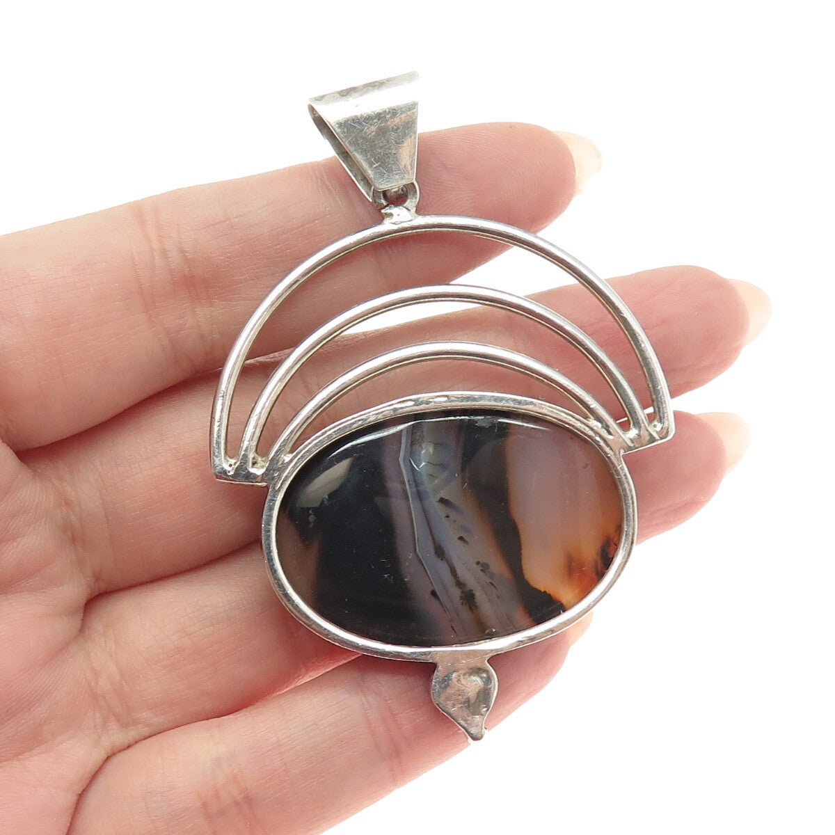 925 Sterling Silver Vintage Picture Agate & Red Garnet Gem Modernist Pendant