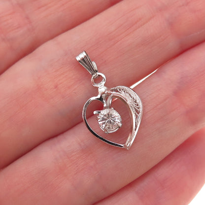925 Sterling Silver Antique Art Deco Rhinestone Heart Filigree Charm Pendant