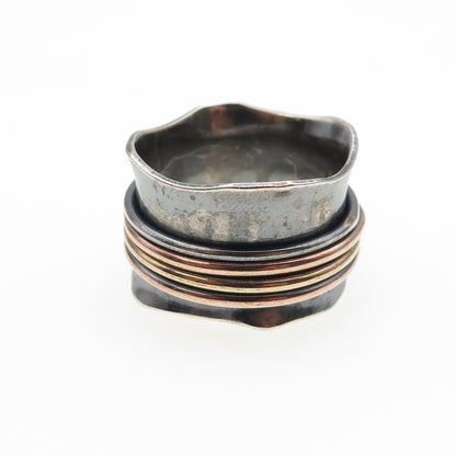 925 Sterling Silver 3-Tone Vintage Modernist Rotating Band Oxidized Ring Size 9