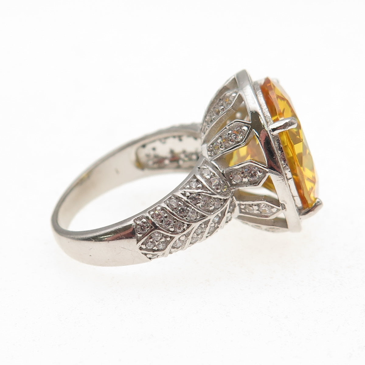925 Sterling Silver Round-Cut Canary & White C Z Ring Size 7