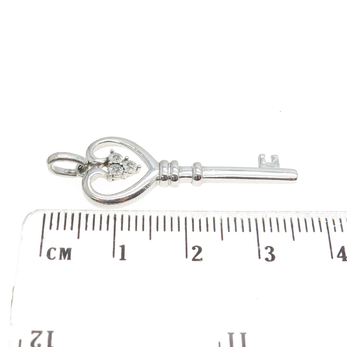 925 Sterling Silver Real Round-Cut Diamond Heart Key Charm Pendant