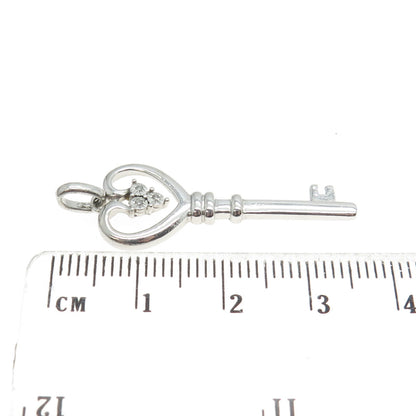 925 Sterling Silver Real Round-Cut Diamond Heart Key Charm Pendant