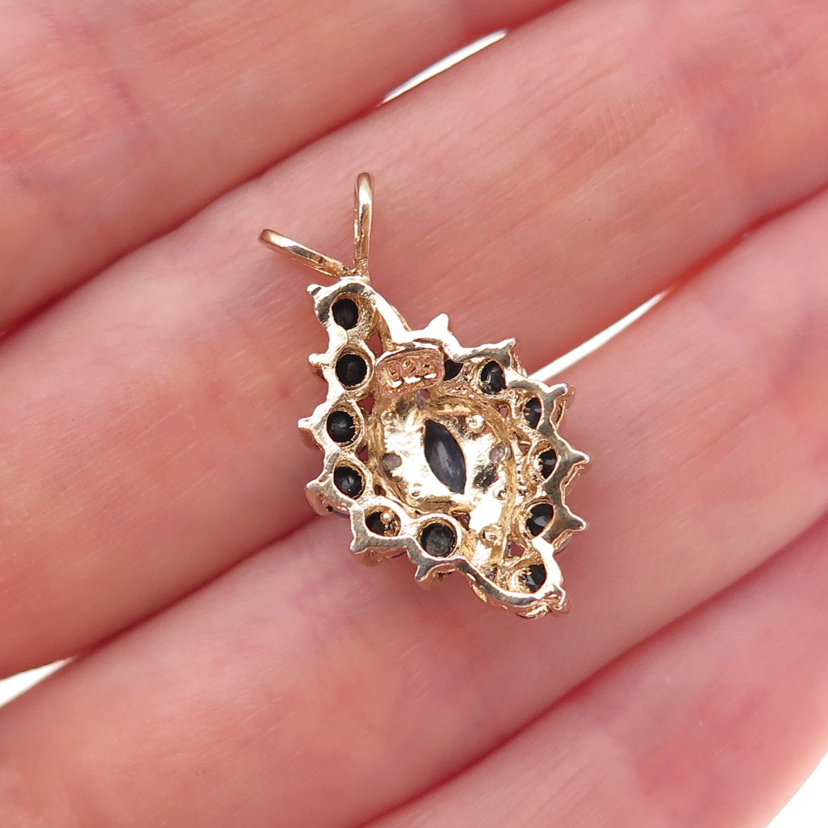 925 Sterling Silver 2-Tone Vintage Real Diamond & Sapphire Charm Pendant