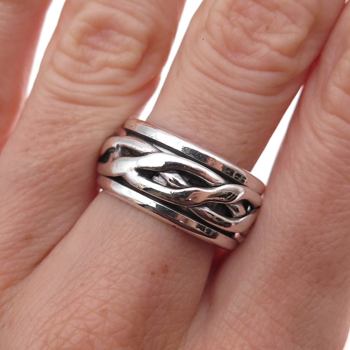 925 Sterling Silver Vintage Mexico Braided Oxidized Rotating Band Ring Size 7.75