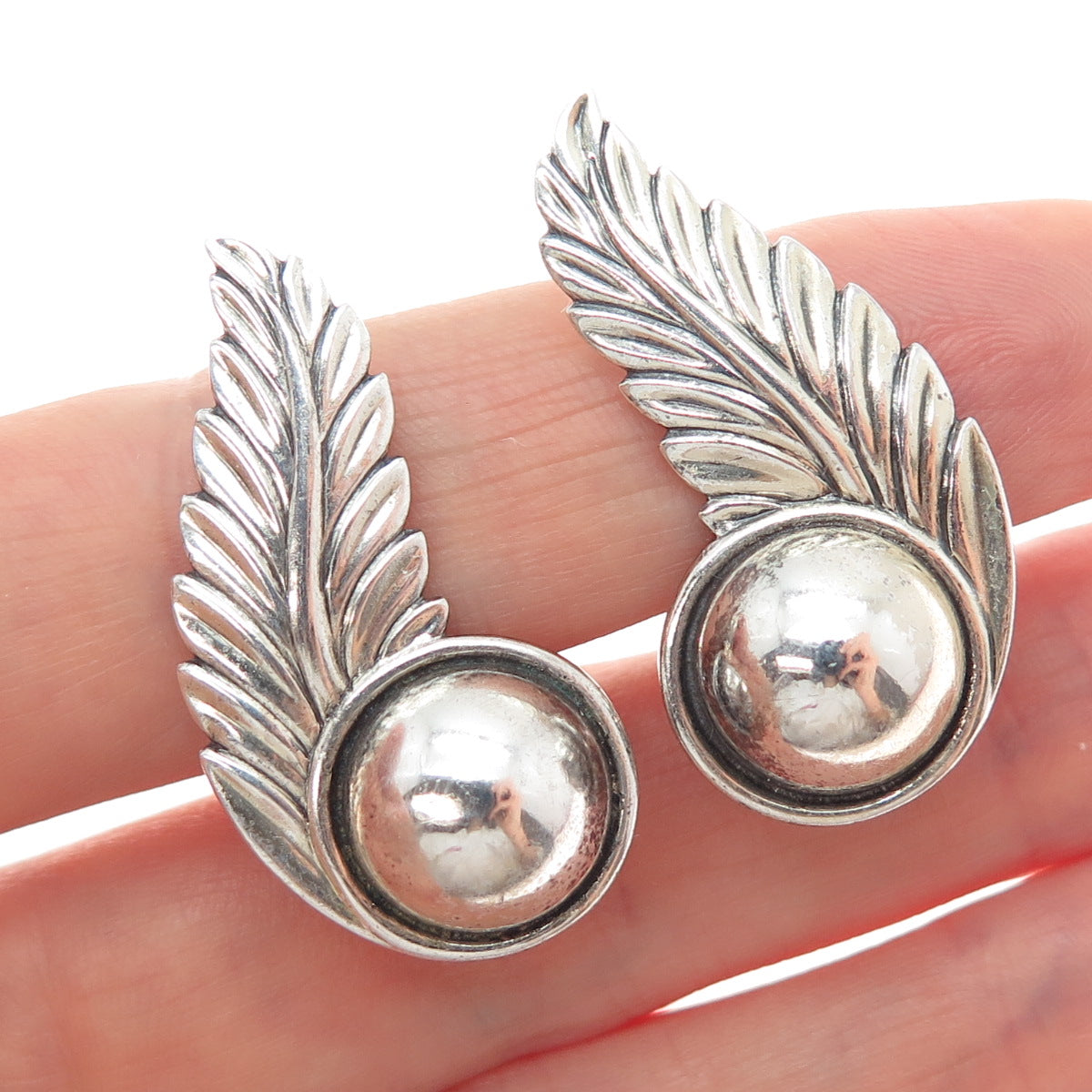 925 Sterling Silver Antique Art Deco Feather Oxidized Screw Back Earrings