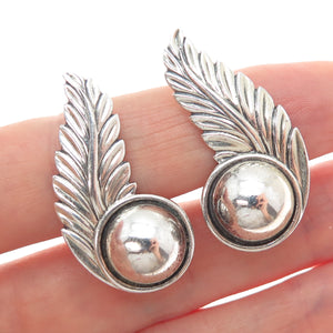 925 Sterling Silver Antique Art Deco Feather Oxidized Screw Back Earrings