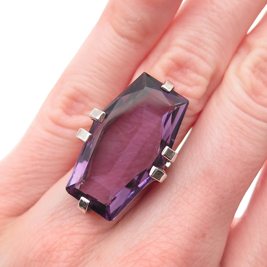 925 Sterling Silver Antique Art Deco Real Amethyst Oxidized Ring Size 4.75