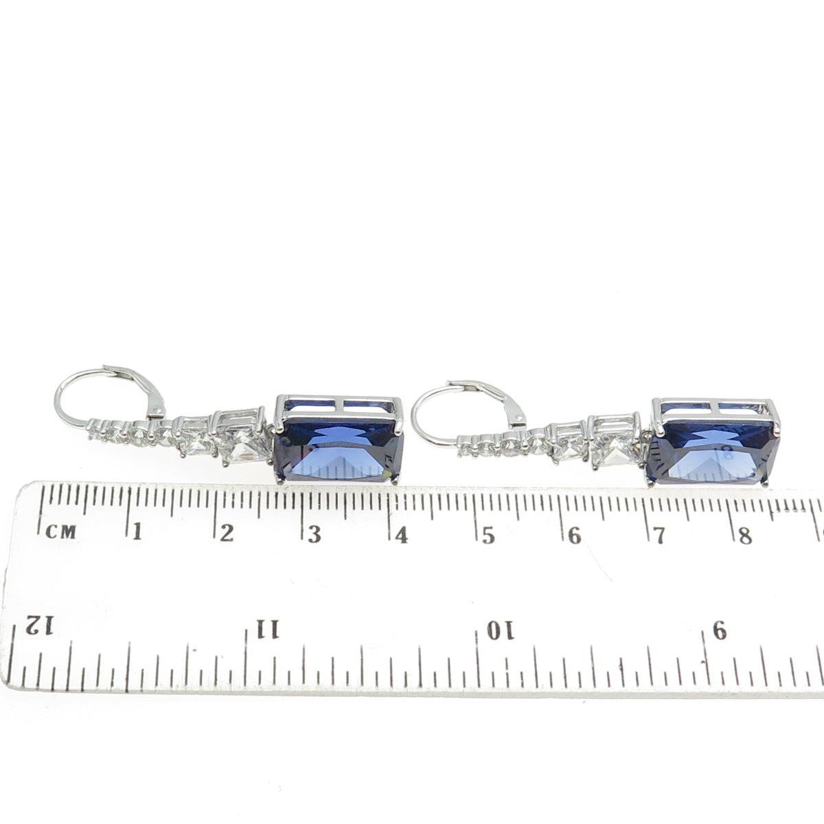 925 Sterling Silver Radiant & Princess-Cut Blue White C Z Graduated Earrings