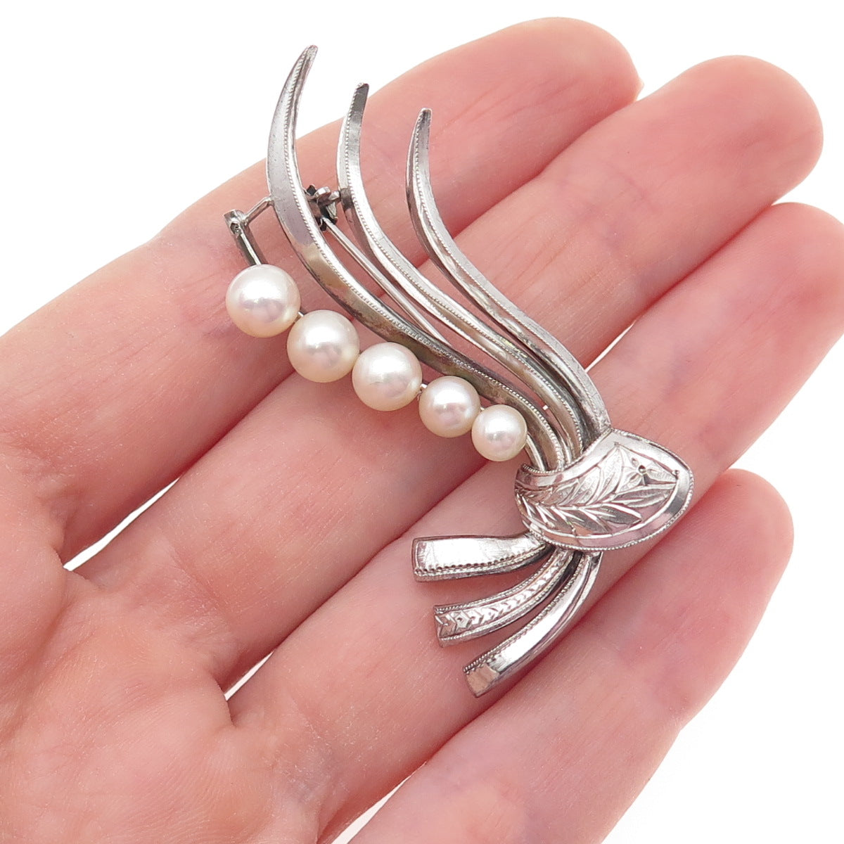 925 Sterling Silver Antique Art Deco Real Pearl Floral Pin Brooch