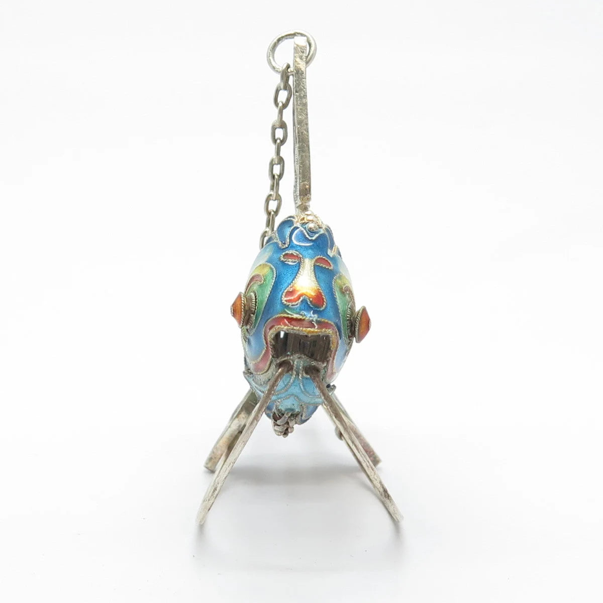 925 Sterling Silver Antique Enamel Chinese Koi Fish Articulated Chatelaine Fob