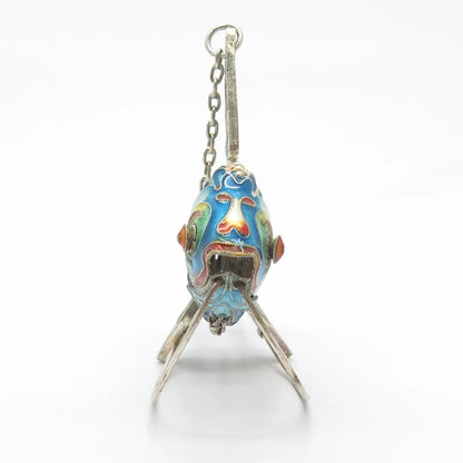 925 Sterling Silver Antique Enamel Chinese Koi Fish Articulated Chatelaine Fob