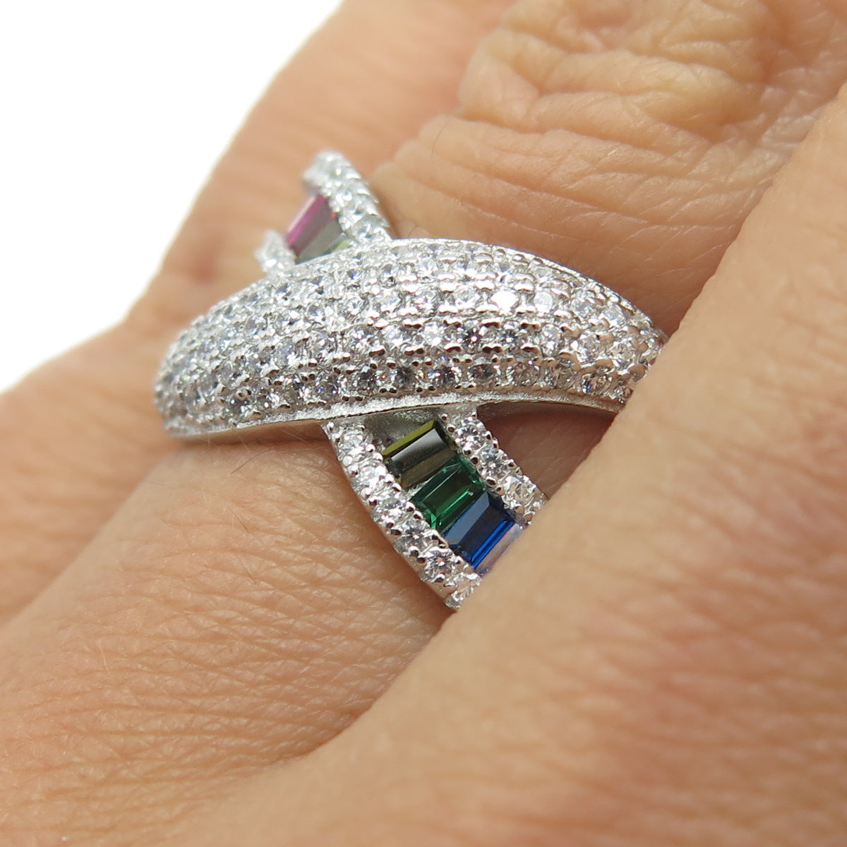 925 Sterling Silver Round Baguette-Cut Multi-Color C Z Crisscross Ring Size 6.25