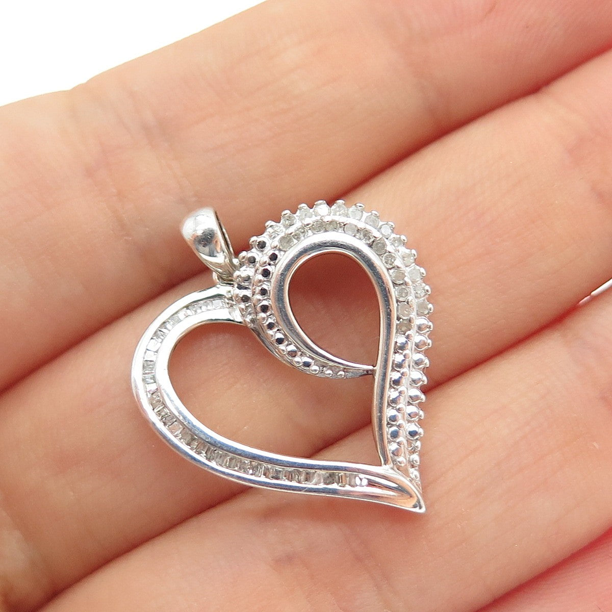 SUN 925 Sterling Silver Real Round & Tapered Baguette-Cut Diamond Heart Pendant