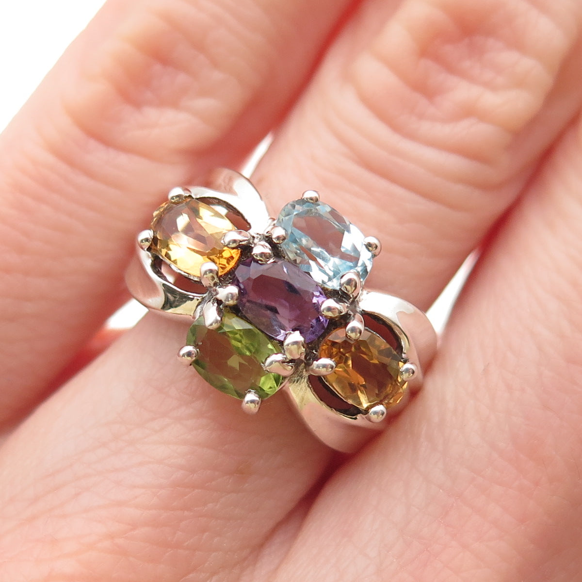 925 Sterling Silver Vintage Real Blue Topaz Amethyst Peridot Citrine Ring Size 6