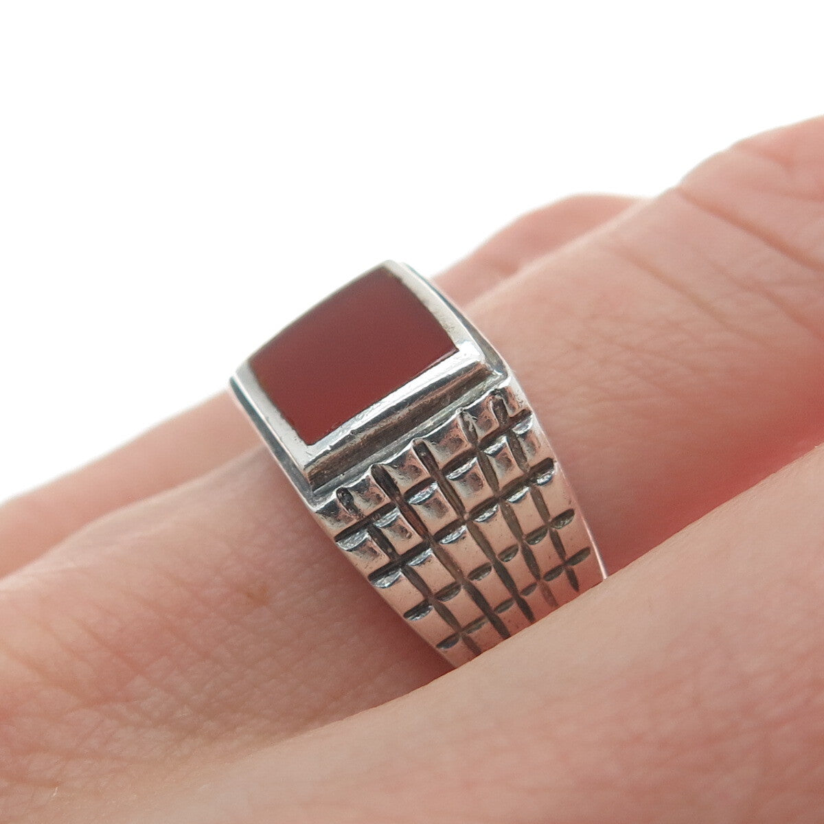 925 Sterling Silver Vintage Real Carnelian Gemstone Checkered Ring Size 6