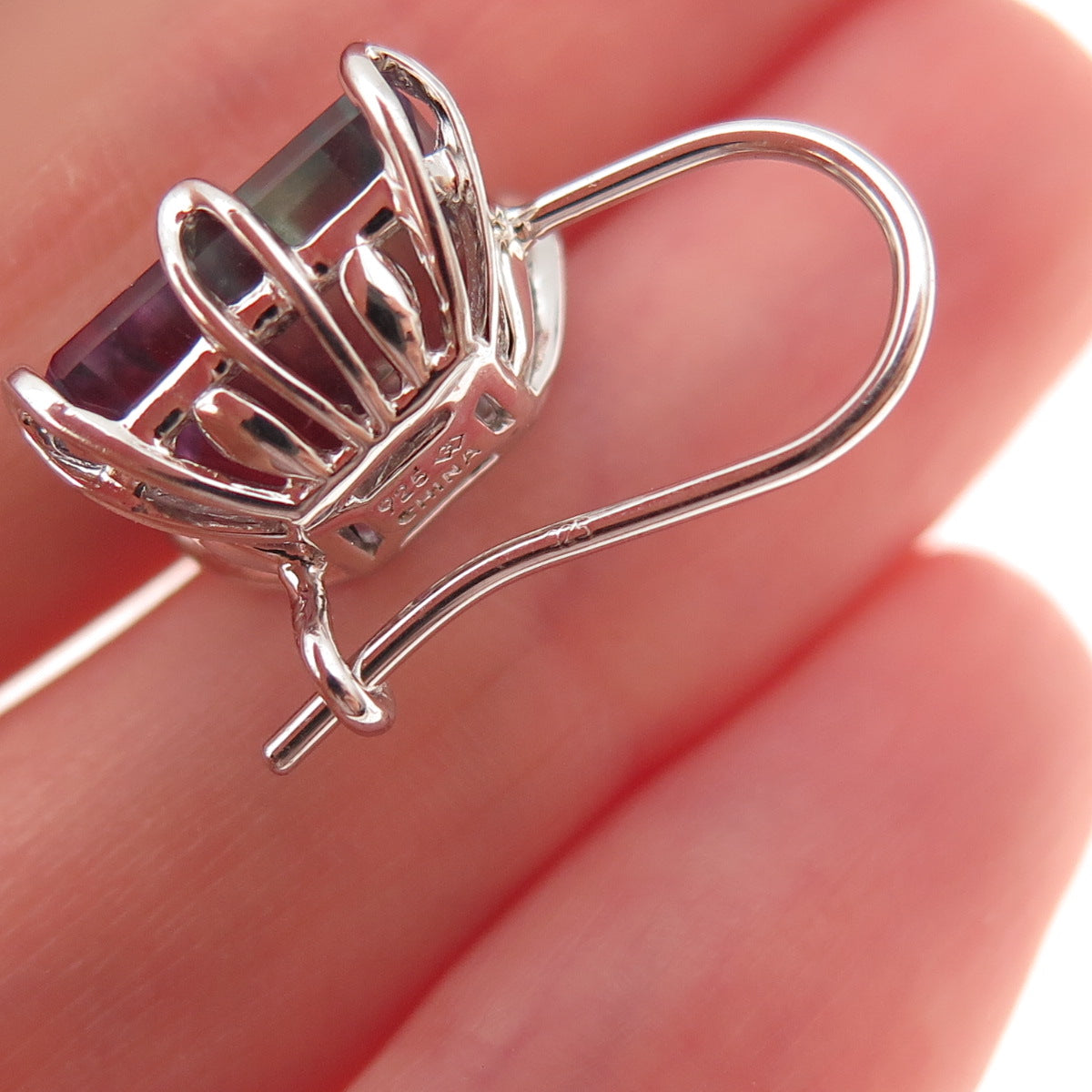 925 Sterling Silver Vintage Real Emerald-Cut Watermelon Tourmaline Earrings