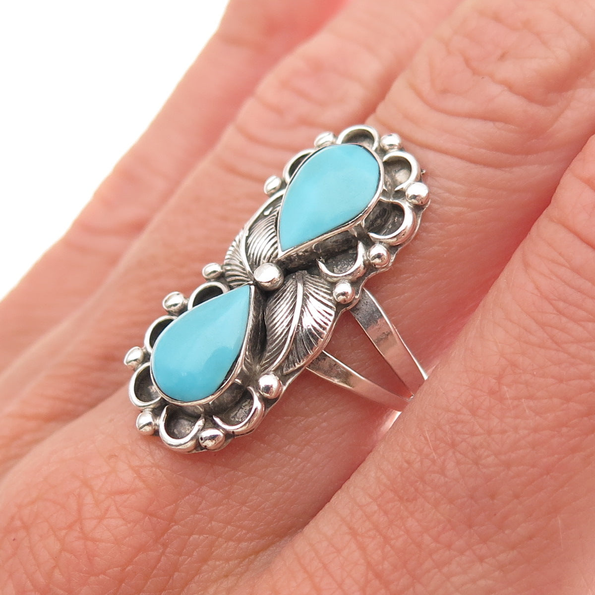 Old Pawn 925 Sterling Silver Vintage Southwestern Turquoise Feather Ring Size 7
