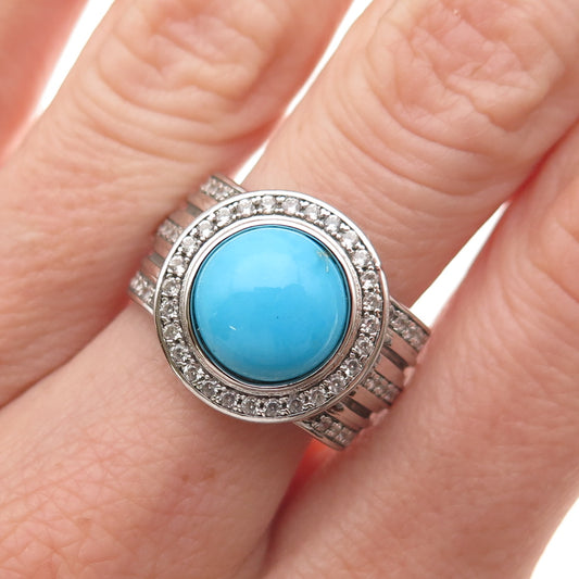 925 Sterling Silver Real Sleeping Beauty Turquoise & White Topaz Ring Size 8