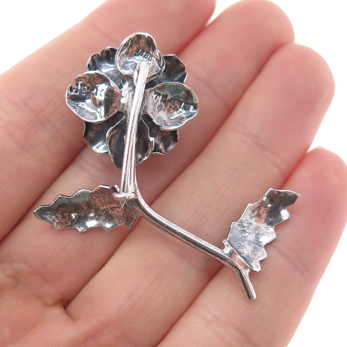 925 Sterling Silver Vintage Mexico Rose Flower Oxidized Pin Brooch