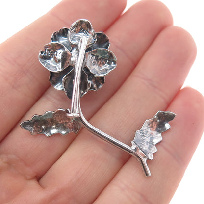 925 Sterling Silver Vintage Mexico Rose Flower Oxidized Pin Brooch