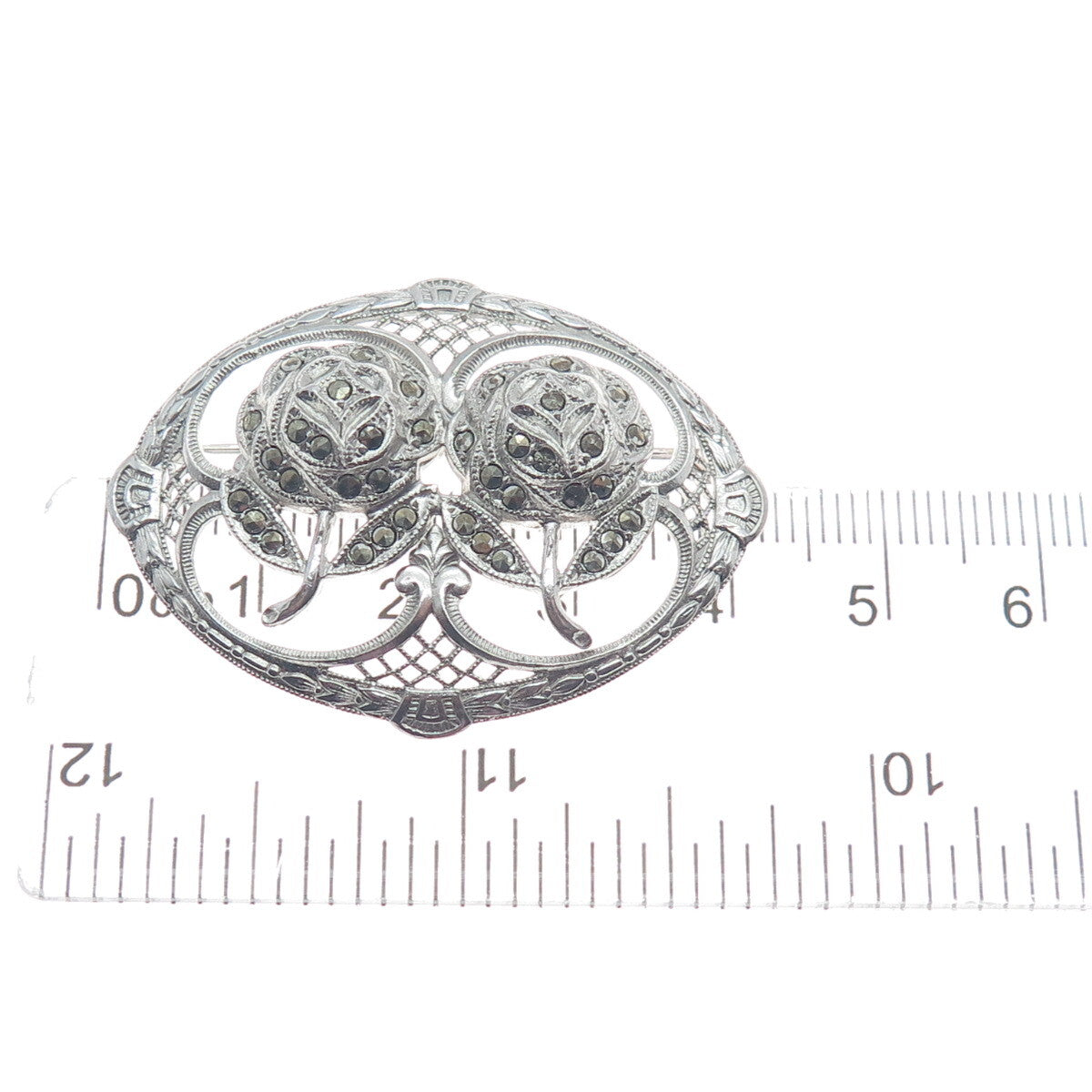 925 Sterling Silver Antique Art Deco Marcasite Gem Couple of Roses Pin Brooch