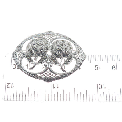 925 Sterling Silver Antique Art Deco Marcasite Gem Couple of Roses Pin Brooch