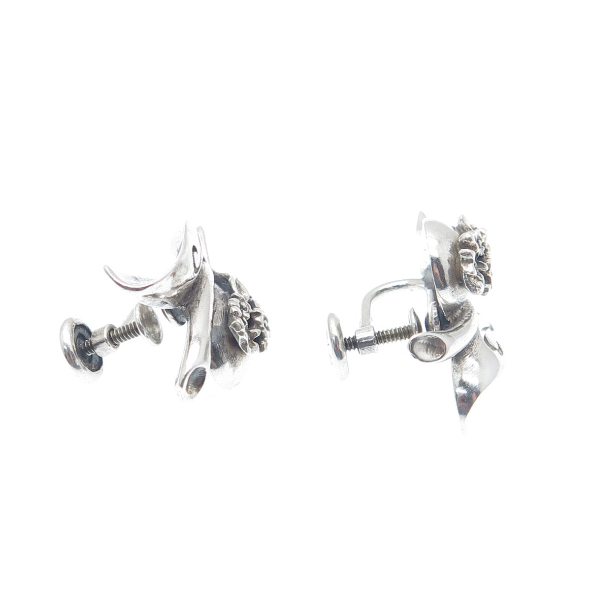 925 Sterling Silver Vintage Modernist Flower Heart Screw Back Earrings