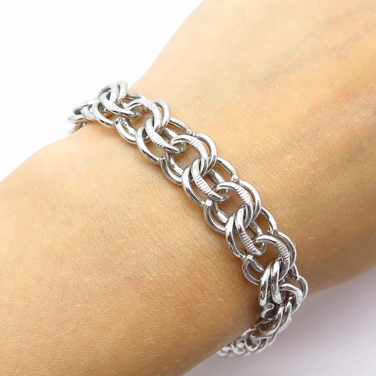 925 Sterling Silver Vintage Elco Double Cable Link Bracelet 6.75''