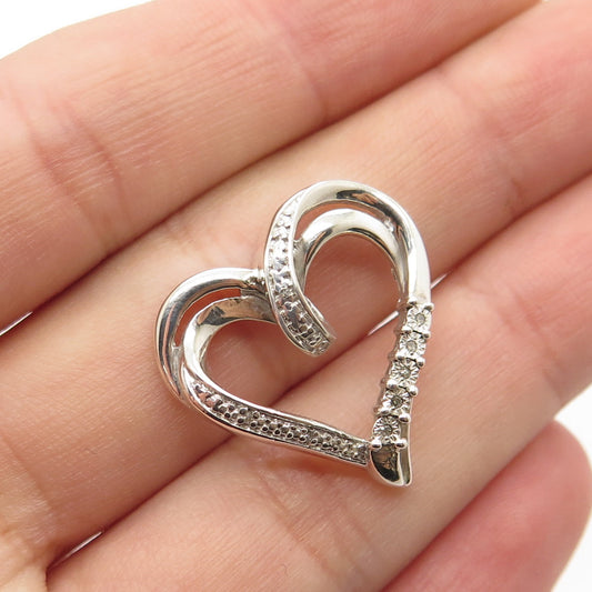 925 Sterling Silver Real Round-Cut White Diamond Heart Slide Pendant