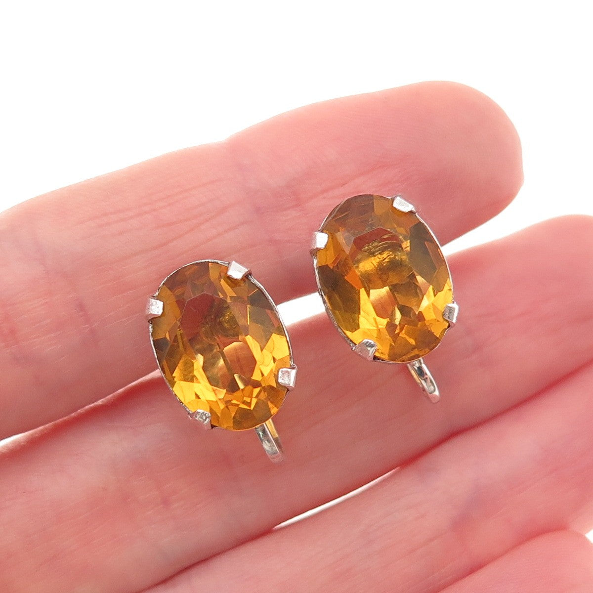 925 Sterling Silver Vintage Real Oval-Cut Citrine Screw Back Earrings